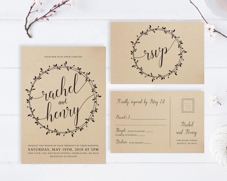 cheap wedding invitations sets brown PRINTED Simple rustic wedding invitation suite Wreath kraft