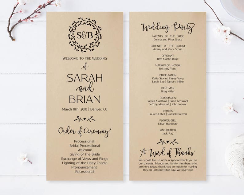 Printed Monogram Wreath Wedding Program Simple Wedding Etsy