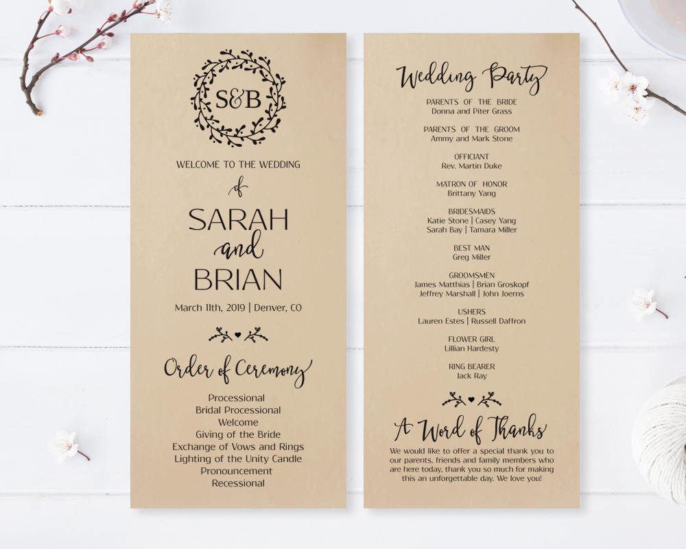 Printed Monogram Wreath Wedding Program Simple Wedding Etsy