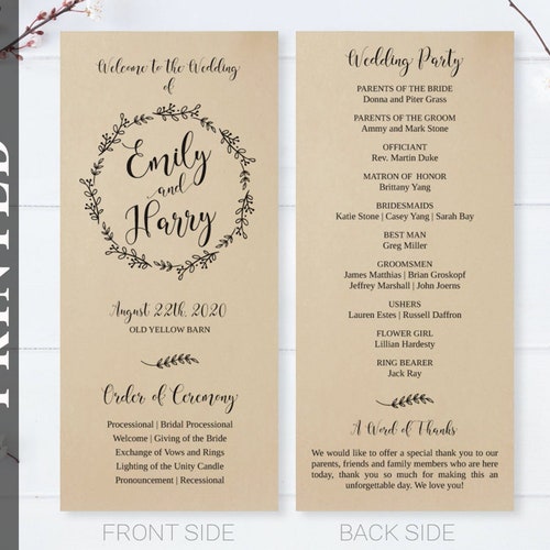Simple Wedding Programs Printed on Kraft Cardstock / Etsy