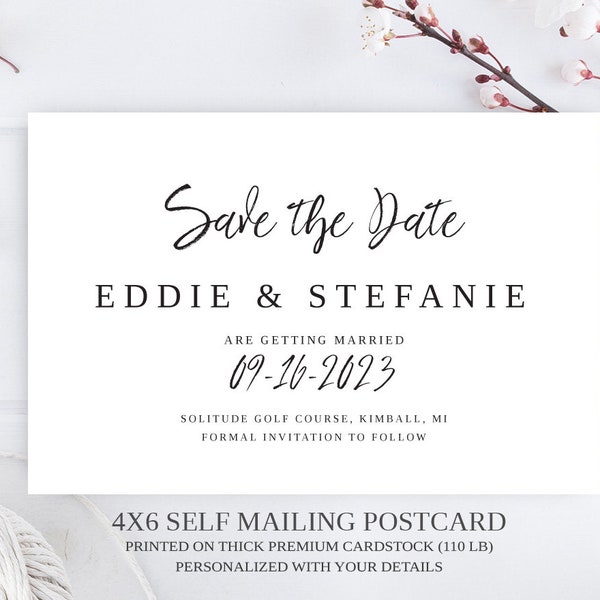 PRINTED   Elegant wedding Save the Date Postcard printed on premium card stock