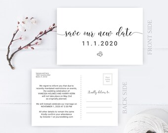 PRINTED | Postponed wedding announcement postcard | save our new date card | Change the date cards for postponed weddings