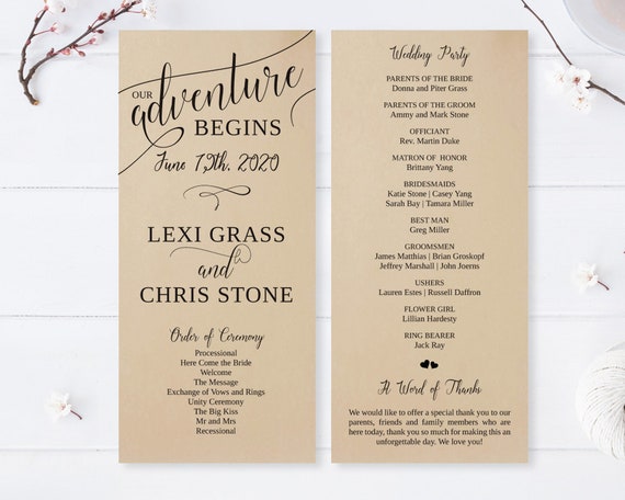 Printed Wedding Program Printed On Kraft Cardstock Etsy