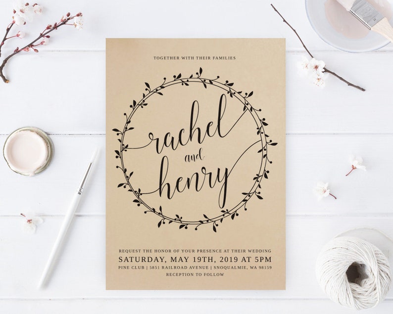 cheap wedding invitations sets brown PRINTED Simple rustic wedding invitation suite Wreath kraft