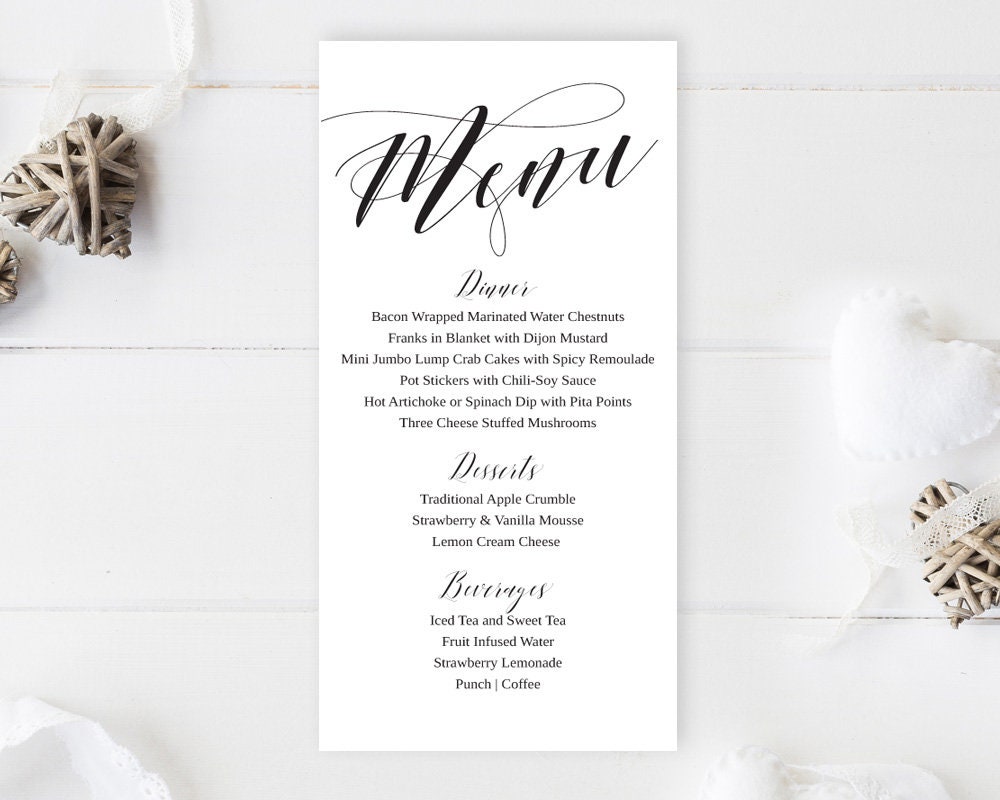 Printed wedding menus Wedding reception menu cards Wedding Etsy