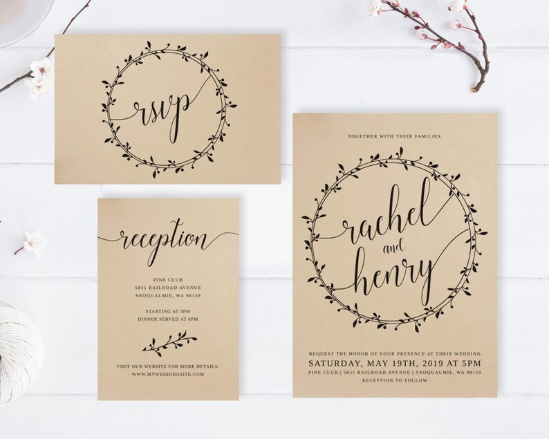 cheap wedding invitations sets brown PRINTED Simple rustic wedding invitation suite Wreath kraft