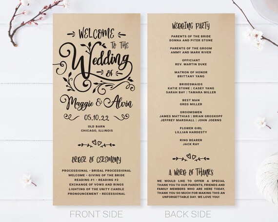Printed Wedding Programs Printed On Kraft Paper Modern Etsy
