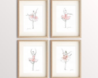 Set of 4 Prints, Ballerina Art, Pink Ballerina, Watercolor Ballet, Ballerina Drawing, Pink Tutu Dancer, Ballet Art Print, Ballerina Painting