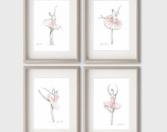 Set of 4 Prints, Ballerina Art, Pink Ballerina, Watercolor Ballet, Ballerina Drawing, Pink Tutu Dancer, Ballet Art Print, Ballerina Painting