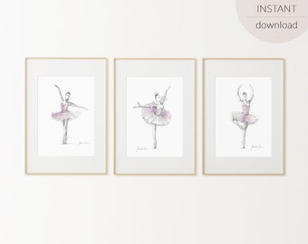 Ensemble de 3 estampes, art numérique de mur, tutu pourpre, imprimables de ballerine, triptyque, ballet d’aquarelle, décor de salle de fille, décoration de chambre à coucher