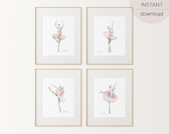 Ensemble de 4 estampes, Digital Wall Art, Ballerina Printables, Ballerina Poses, Watercolor Ballet, Girl Room Decor, Bedroom Decoration, Pink Tutu