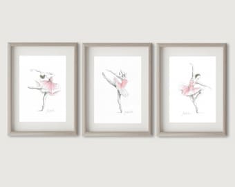 Set of 3 Ballerina, 3 Ballet Dancers, Ballerina Prints, Pink Watercolor, Pink Ballerina Art, Ballet Pink Dress, Pink Tutu, Gift for Girl