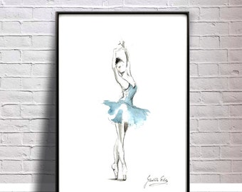 Ballerina Print, Blue Tutu Ballerina, Ballerina Artwork, Ballerina Wall Art, Ballerina Picture, Dancer Illustration, Watercolor Ballerina