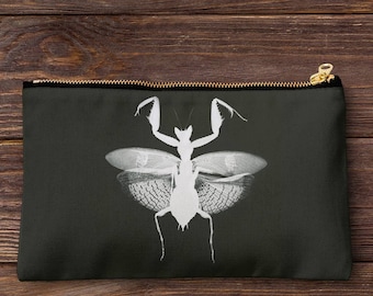 Estuche de lápiz de impresión de Mantis de flores hecha a mano, bolsa de maquillaje, bolso, bolsa con cremallera.