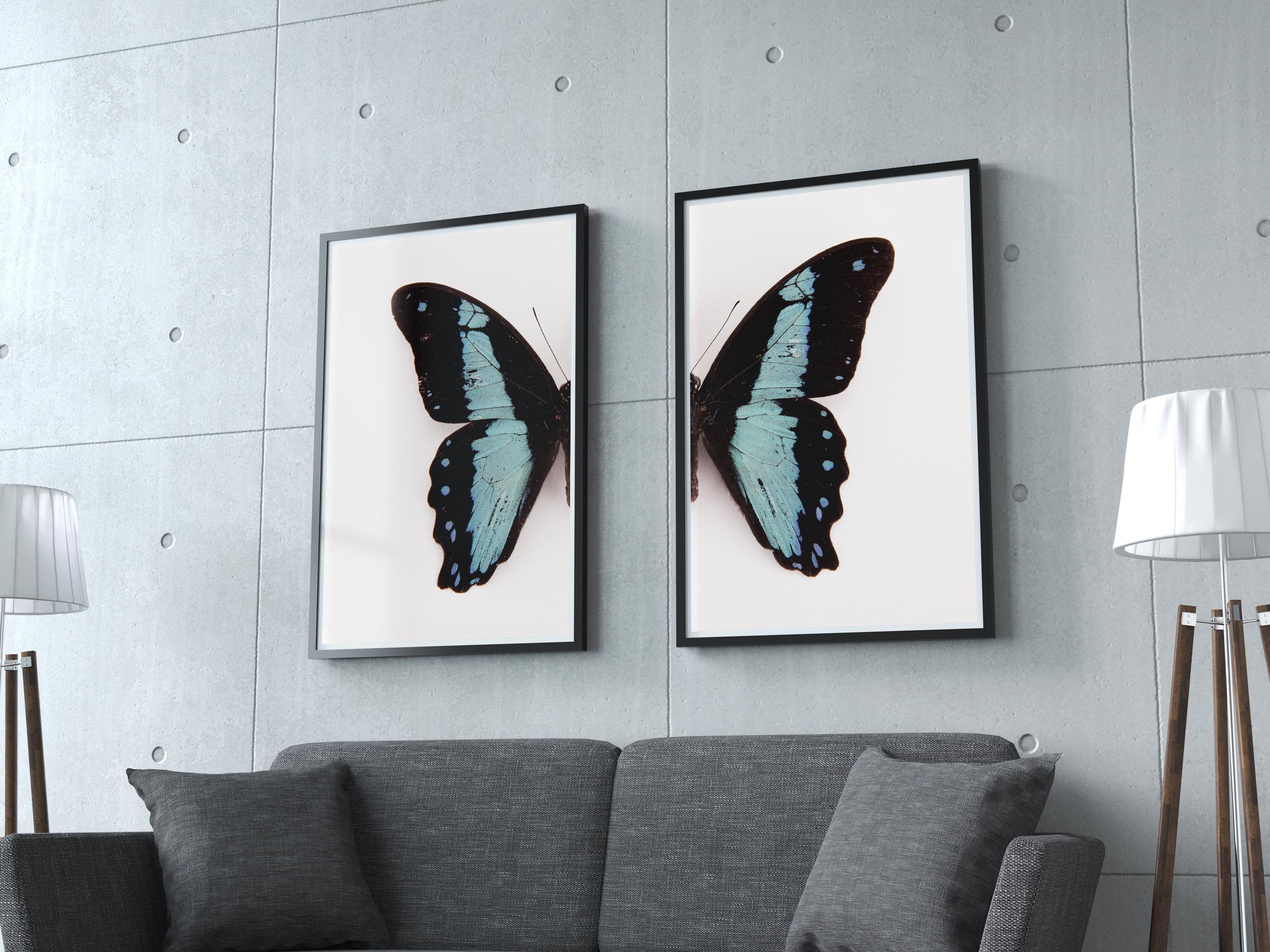Blue Butterfly Print diptych Set Split Poster Gothic Home Etsy