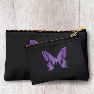 Handmade purple butterfly print pencil case, make up bag, purse, zipper pouch.
