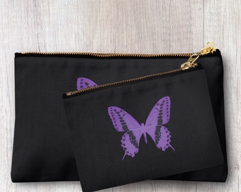 Handmade purple butterfly print pencil case, make up bag, purse, zipper pouch.