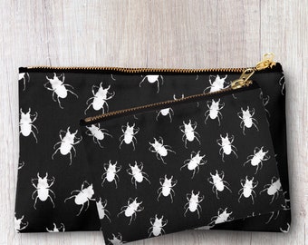 Handmade Beetle print pencil case, make up bag, purse, zipper pouch.