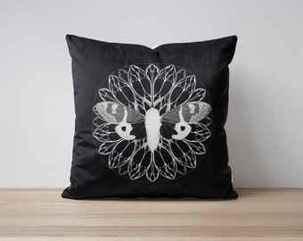 Gothic-inspired Black Velvet Cushion with Elegant Cicada and Rose Window Design, with inner