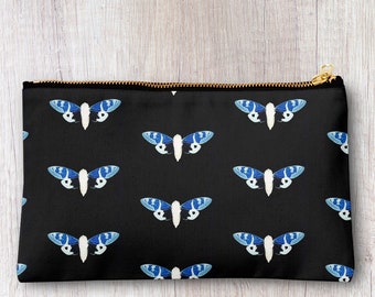 Handmade blue butterfly print pencil case, make up bag, purse, zipper pouch.
