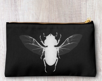 Handmade beetle print pencil case, make up bag, purse, zipper pouch.