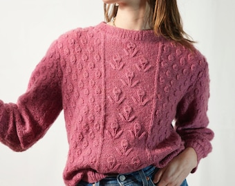 Pull rose vintage tricoté main I pull hiver I pull femme I pull chaud motifs fleurs