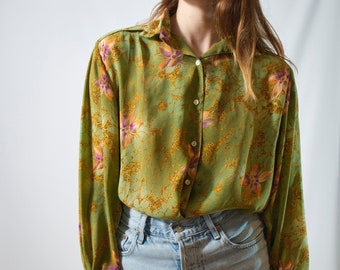 chemise vintage verte  I chemise retro coloré I chemisier à fleurs I taille Large I chemise légère