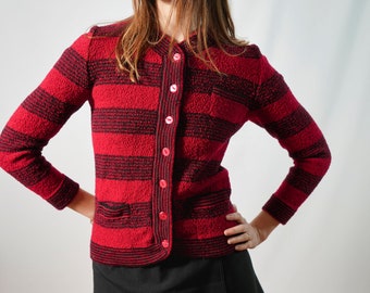 80s vintage red and black cardigan I 100% worsted wool I women's cardigan I madeinfrance I size S I striped cardigan