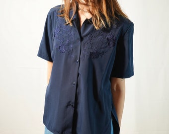 vintage dark blue embroidered shirt short sleeves I retro shirt I size Small