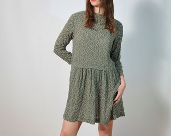 DDP Vintage ausgestelltes Minikleid – Sommer-Sonnenkleid – Größe M – kurzes Kleid – Sommerkleid – lange Ärmel – leichtes Kleid – Muster