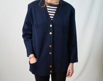 French vintage dark blue cardigan I Edwige Paris I Made in France I Plain I Minimalist I Women's cardigan I Classic I High quality I Large