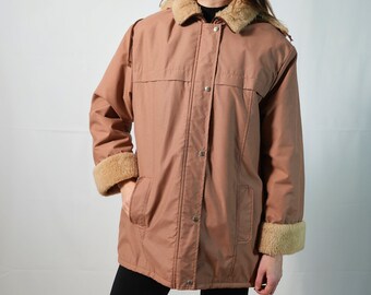 vintage pink and beige hooded jacket DAMART I short coat I warm women's jacket I cotton fur I size 46 I size large