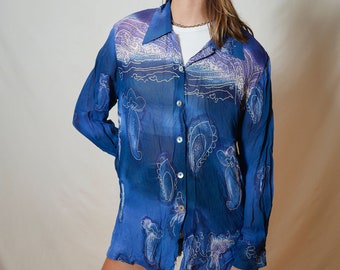 chemise vintage bleu Bai Amour manches longues I made in France I chemise transparente colorée I 80's