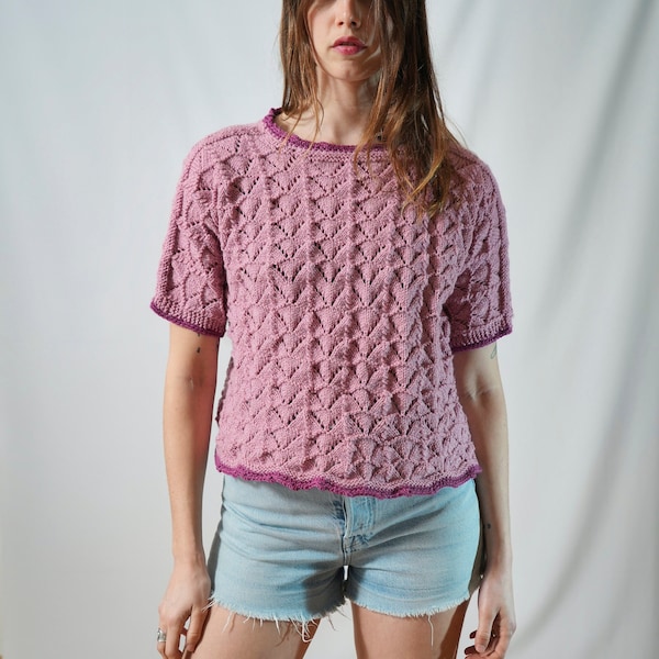 Pull rose vintage fait main manches courtes I pull crochet rose I pull été femme