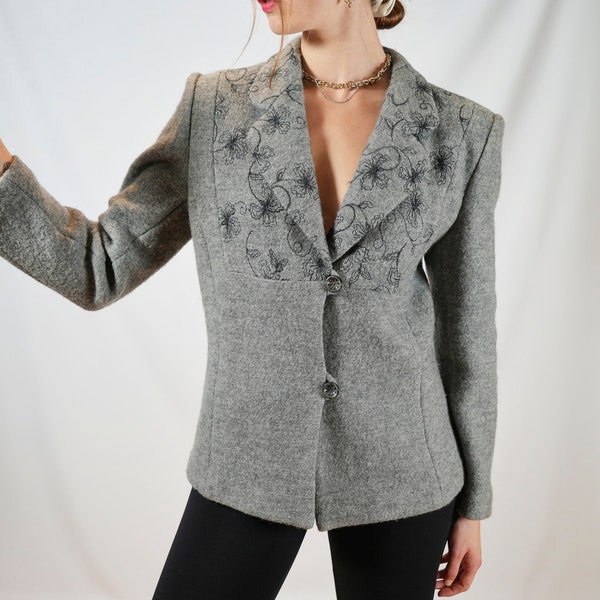 veste courte grise en laine vintage I manteau court Weill I 100% laine I détails fleuris I taille 42