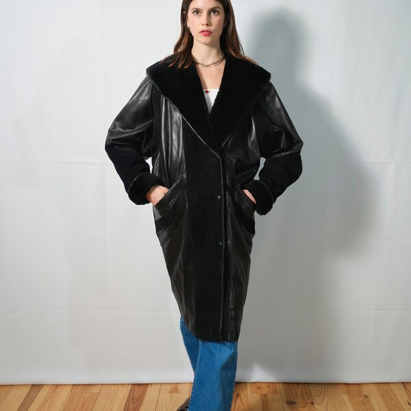 Manteau Long En Cuir Noir Maxima - Taille XL, Vintage, Occasion Très Bon état