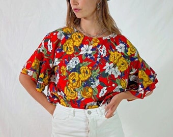 vintage blouse à fleurs colorée I t-shirt fleuris I haut femme multicolore I blouse rétro I taille L