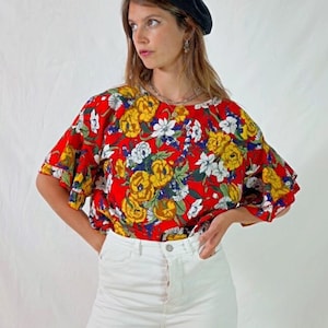 vintage colorful floral blouse I floral t-shirt I multicolor women&#39;s top I retro blouse I size L