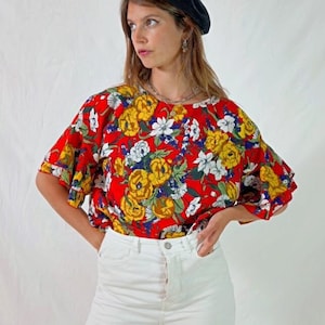 vintage colorful floral blouse I floral t-shirt I multicolor women's top I retro blouse I size L image 1