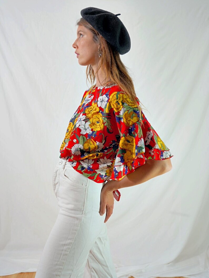 vintage colorful floral blouse I floral t-shirt I multicolor women's top I retro blouse I size L image 2