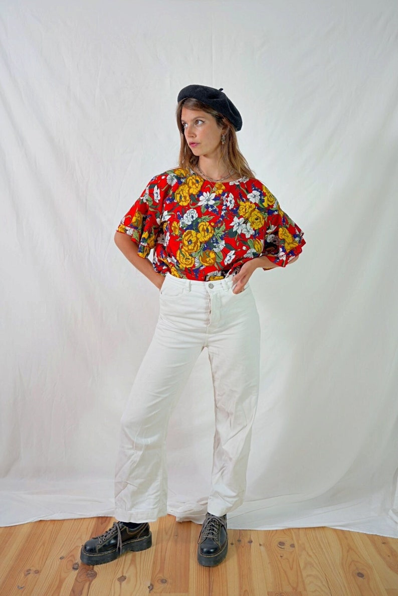 vintage colorful floral blouse I floral t-shirt I multicolor women's top I retro blouse I size L image 1