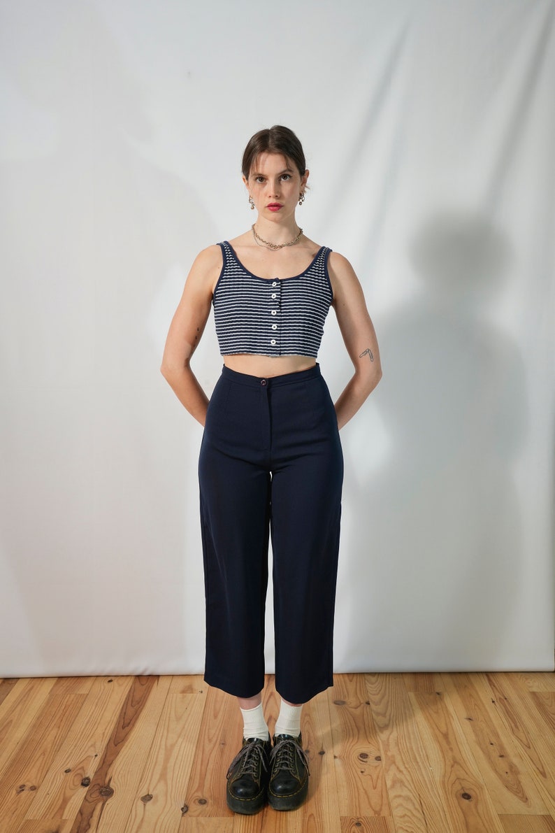 Vintage navy blue pants I made in France I light high waisted pants I size 38 I straight cut I Size M I plain I minimalist image 7