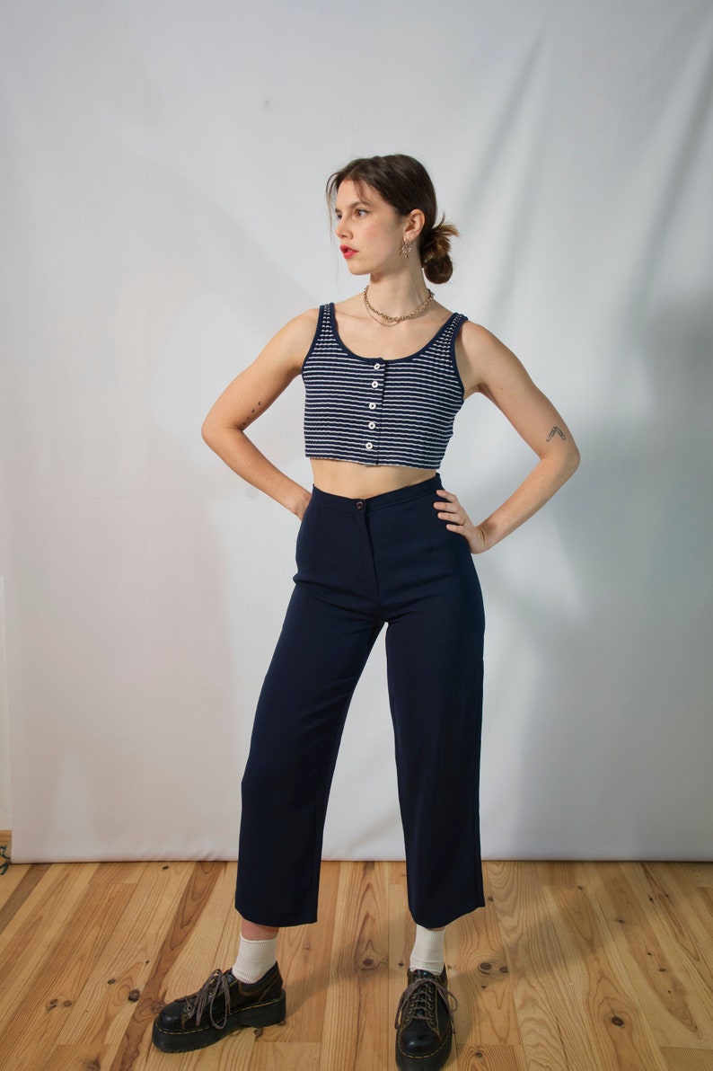 Vintage navy blue pants I made in France I light high waisted pants I size 38 I straight cut I Size M I plain I minimalist image 1