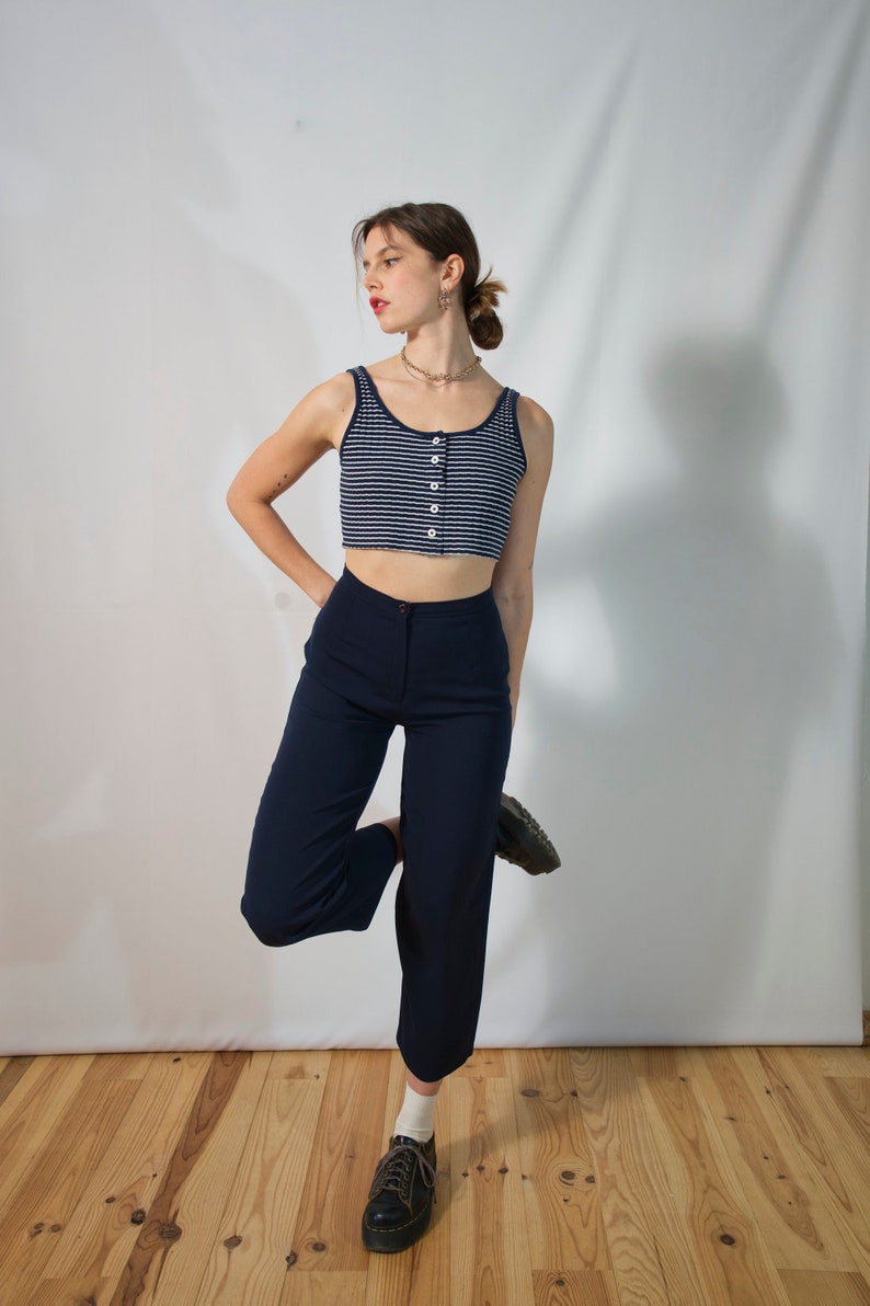 Vintage navy blue pants I made in France I light high waisted pants I size 38 I straight cut I Size M I plain I minimalist image 4