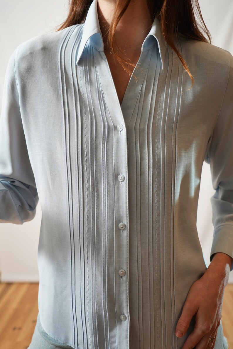 One day elsewhere dressy light blue Y2K shirt I plain shirt classic minimalist style I light top I size S image 2