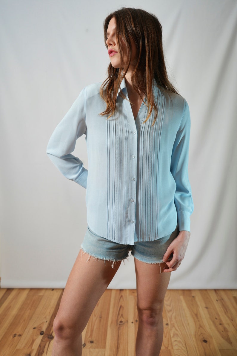 One day elsewhere dressy light blue Y2K shirt I plain shirt classic minimalist style I light top I size S image 10