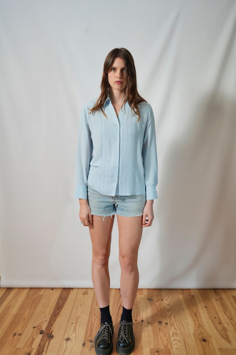 One day elsewhere dressy light blue Y2K shirt I plain shirt classic minimalist style I light top I size S image 1