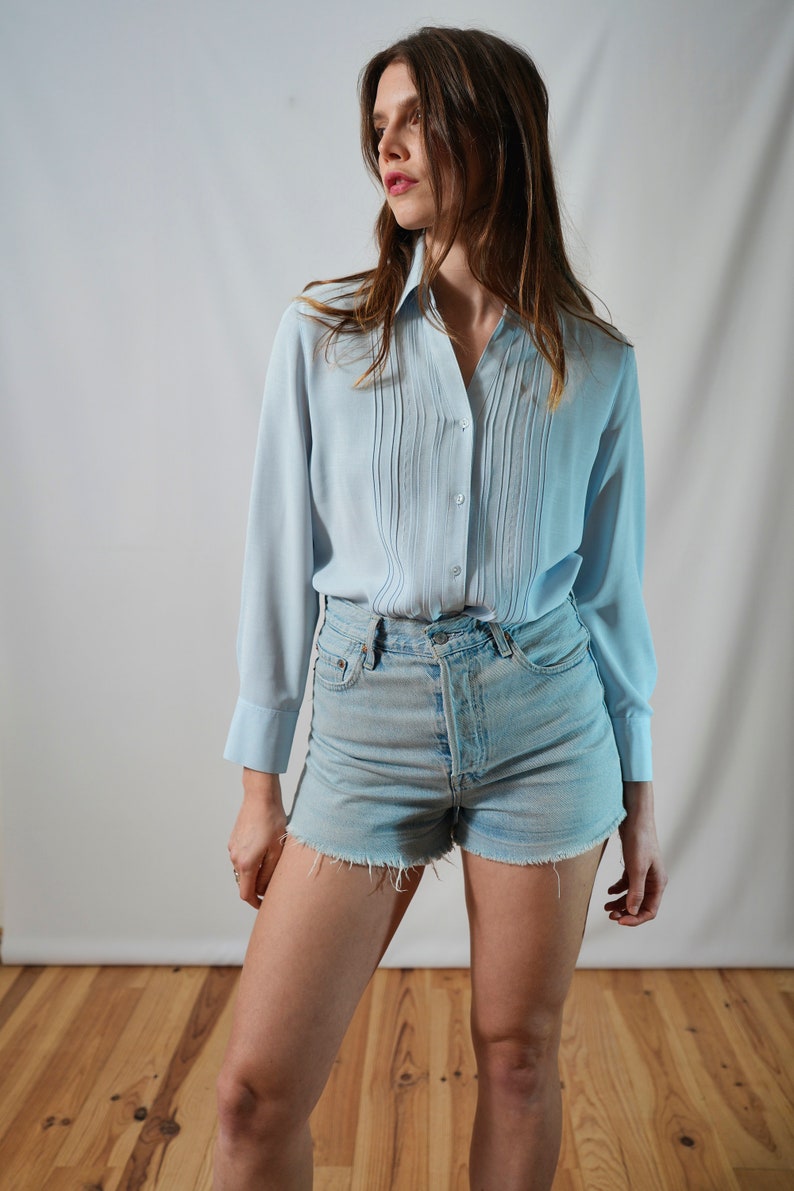 One day elsewhere dressy light blue Y2K shirt I plain shirt classic minimalist style I light top I size S image 7