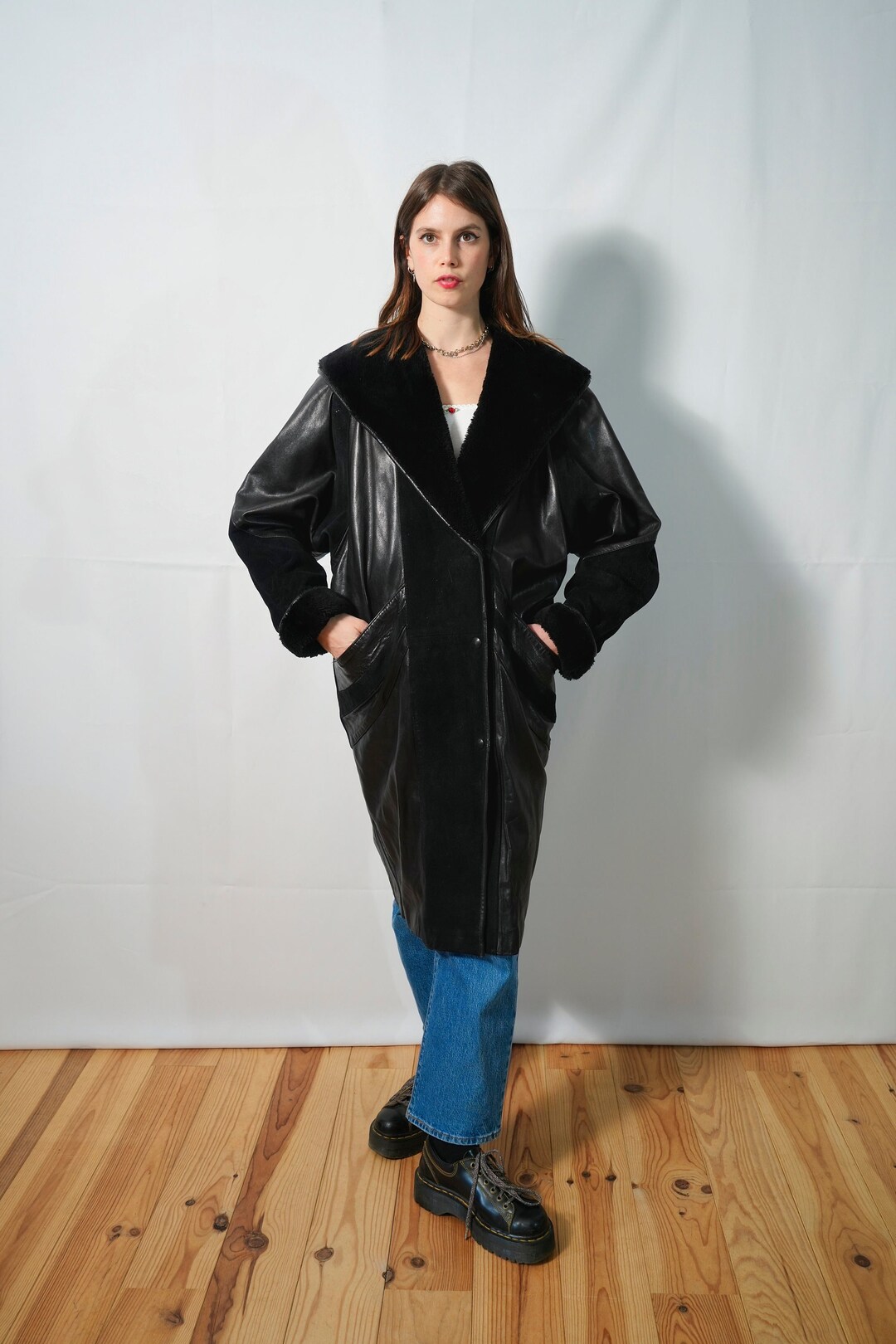 PIECE RARE I vintage manteau long noir ?� empi?�cements I simili cuir I manteau long I fabriqu?� en 
