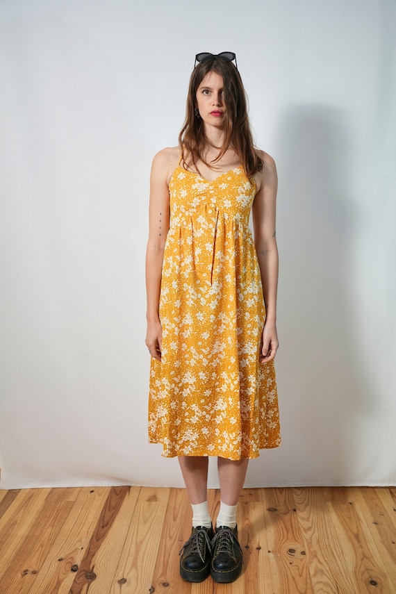 Maxi robe à fleurs jaune foncé vintage - été robe 